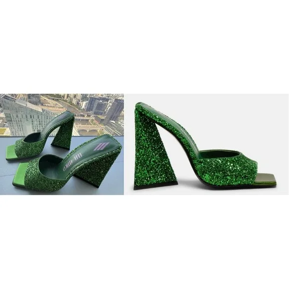 The Attico Size 38 US 8 Luz Green Glitter Sparkle Mule Block Heels EUC $600 - Picture 2 of 10